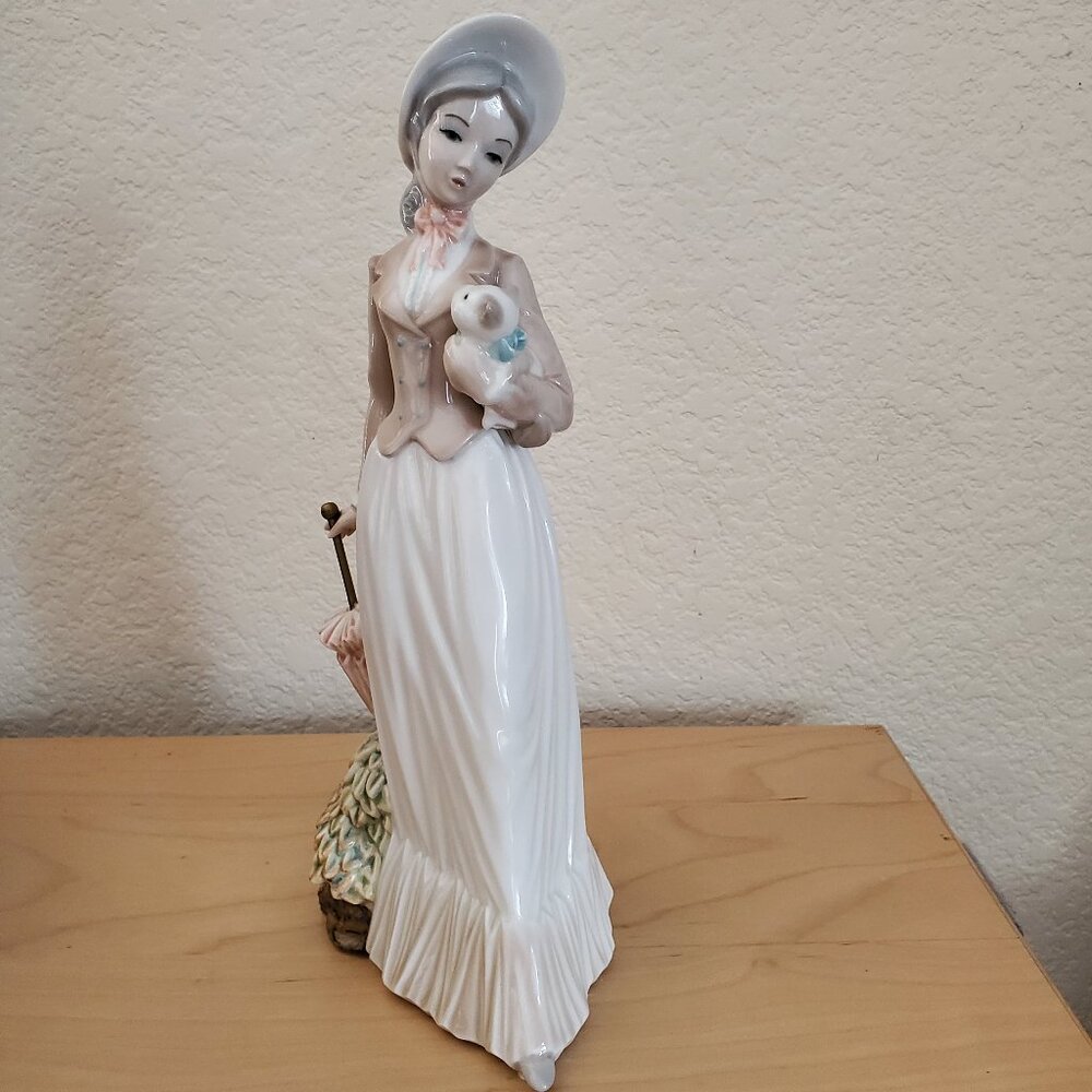 Vintage Tengra Porcelain Girl Woman Holding Cat or Dog Figurine Gloss Finish